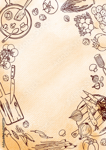 Watercolor background. Top view kitchen frame with vegetables, dishes for design.