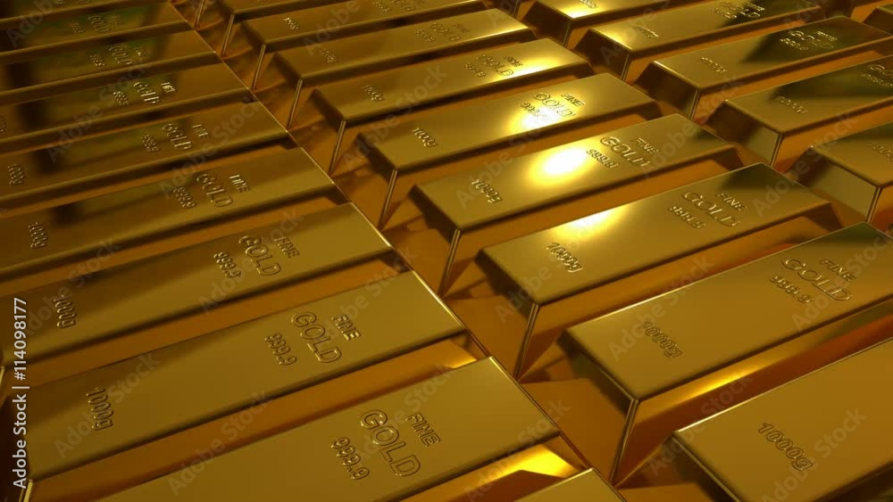 many gold bars in the dark illuminated by the moving spotlight, 3d rendering many gold bars in the dark illuminated by the moving spotlight, 3d rendering