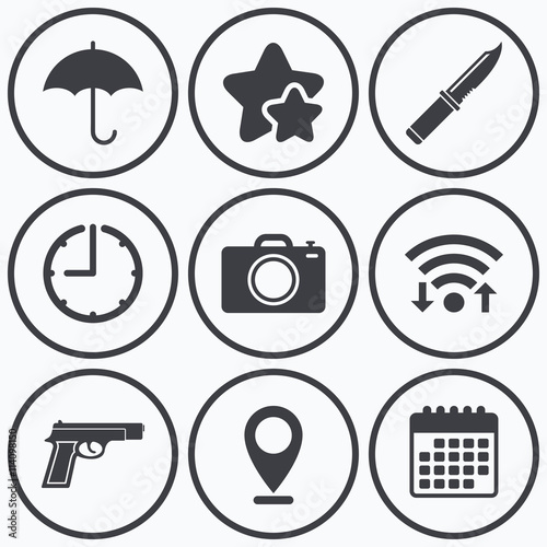 Gun weapon. Knife, umbrella and photo camera.