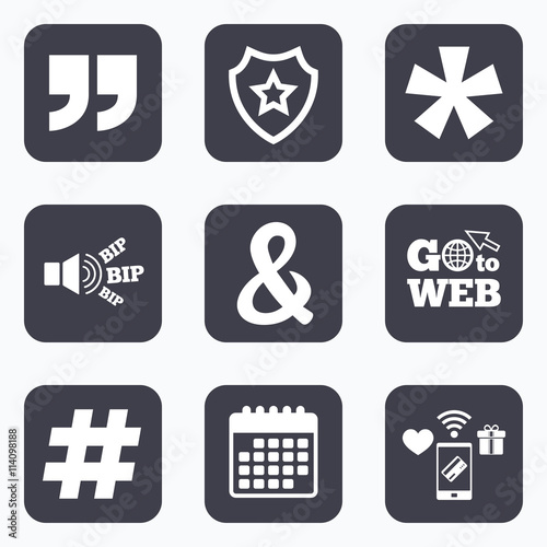 Quote, asterisk footnote icons. Hashtag symbol.