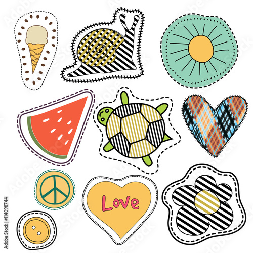 happy embroidery colorful summer patches collection. vector illustration for stickers, patches, magnets, greeting card decoration