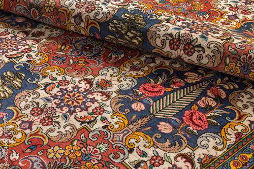 Close up of a fine persian Bakhtiari oriental carpet with floral