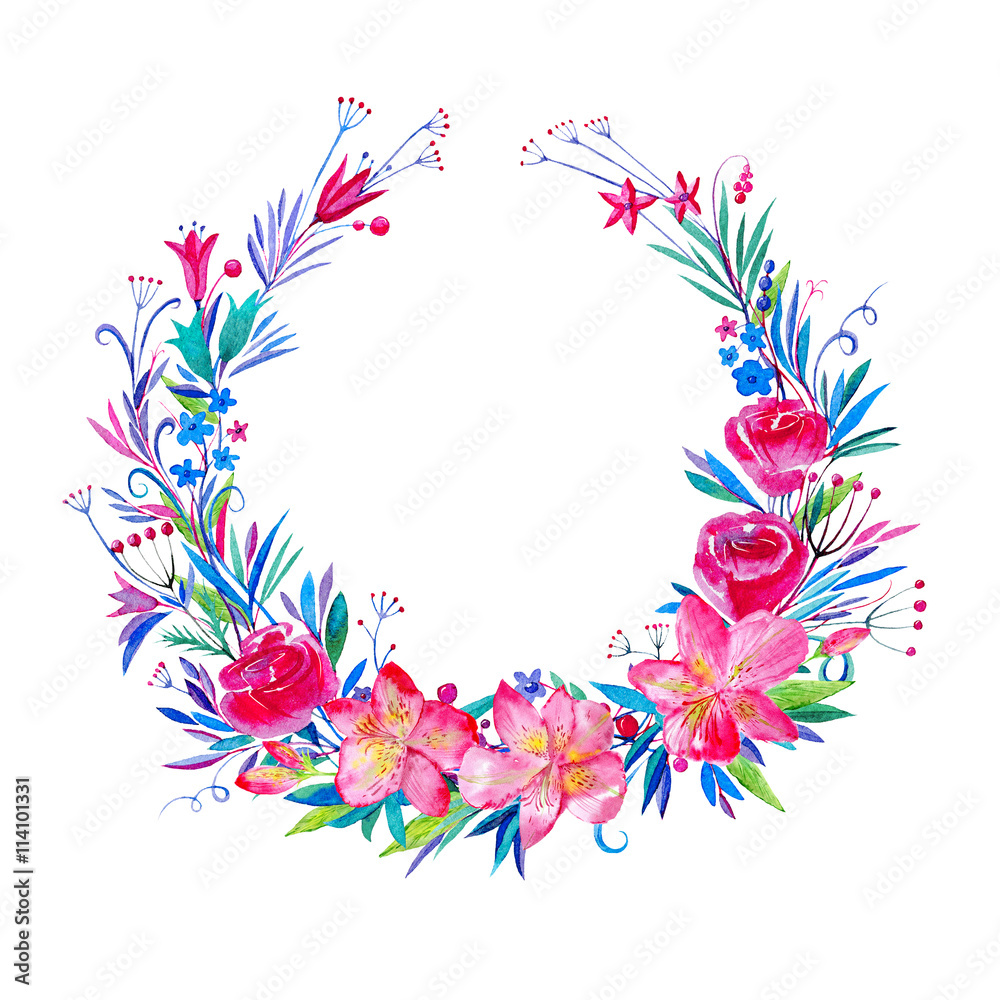 Obraz Wreath of flowers.Garland with lily and wild herbs.Watercolor hand drawn illustration.White background.