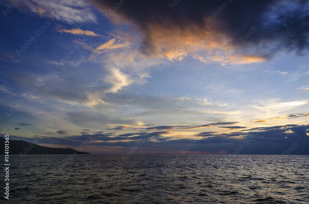 Sunset sky with water, ocean sunset view, red sky