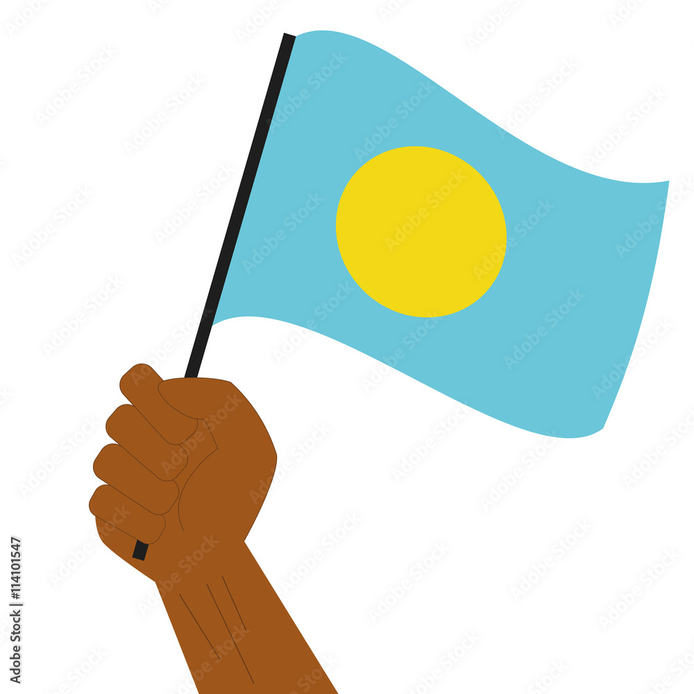 Hand holding and raising the national flag of Palau Hand holding and raising the national flag of Palau
