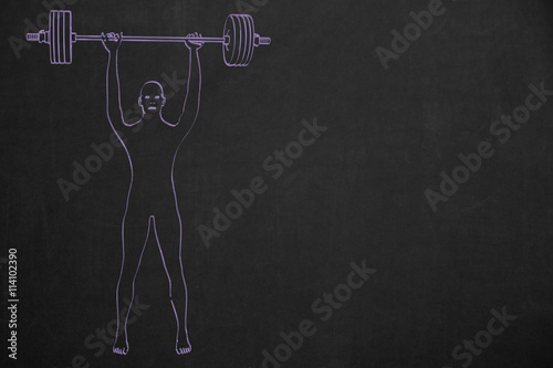 Kalligrafie eines Gewichthebers beim Training auf schwarzer Tafel.
