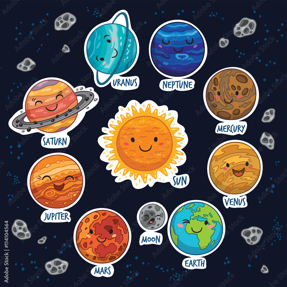 sticker set of solar system with cartoon planets sticker set of solar system with cartoon planets