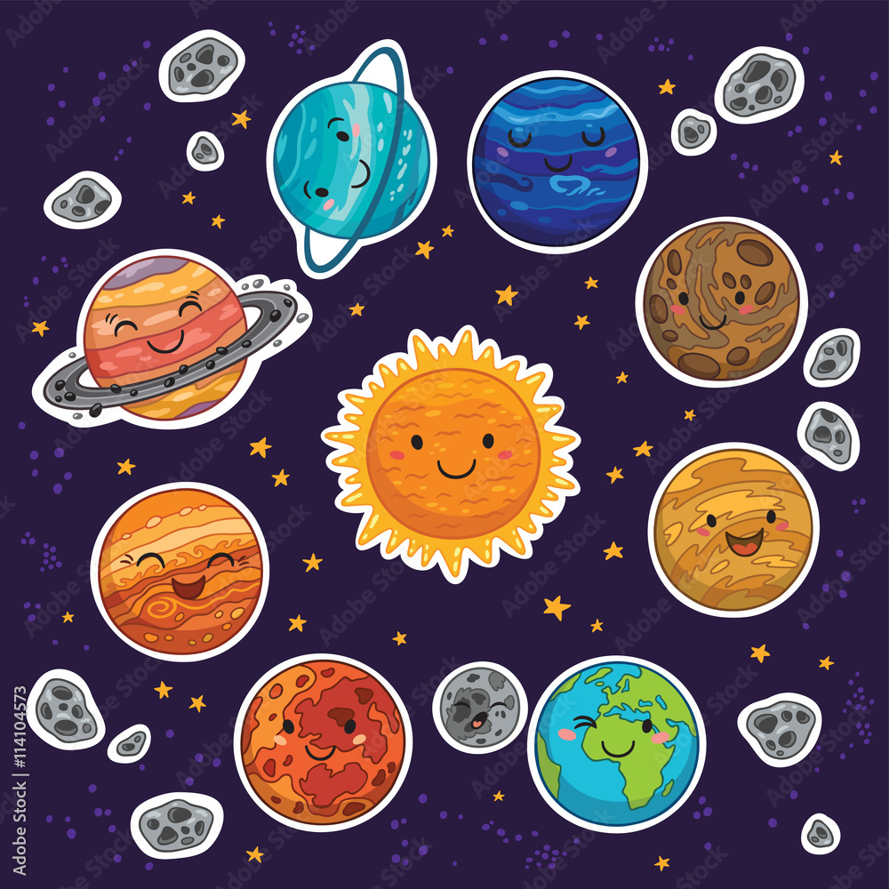 sticker set of solar system with cartoon planets