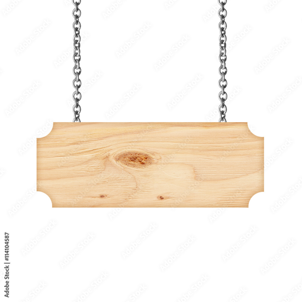 Wooden sign hanging on a chain isolated on white background Wooden sign hanging on a chain isolated on white background