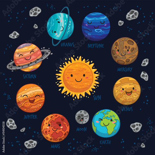 Planets colorful vector set on dark background.