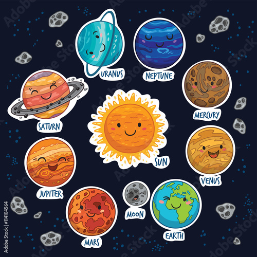 sticker set of solar system with cartoon planets