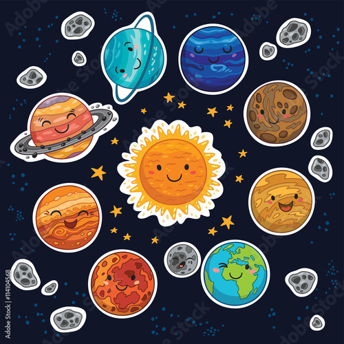 sticker set of solar system with cartoon planets