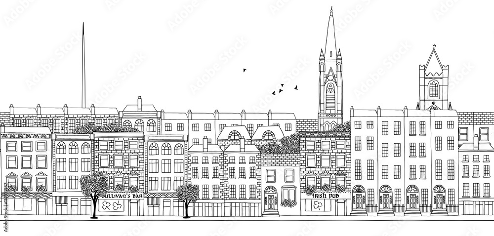 Dublin - seamless banner of Dublin's skyline, hand drawn black and white illustration