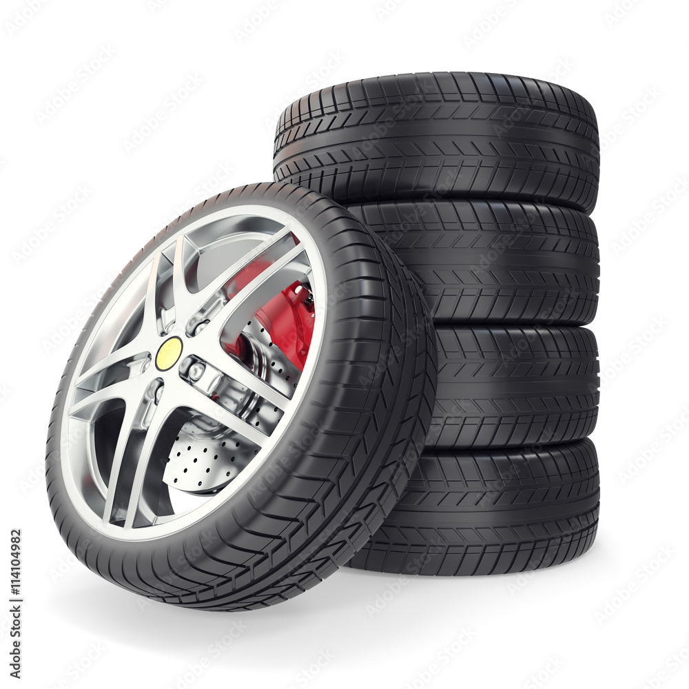 Pile Car wheels on white background. 3d illustration