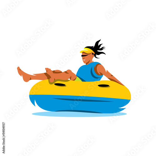 Young girl having lots of fun on rubber ring going down the water slide. Vector Cartoon Illustration.