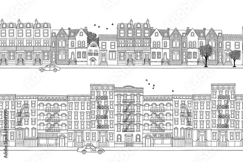 Two hand drawn seamless city banners - London and New York style houses