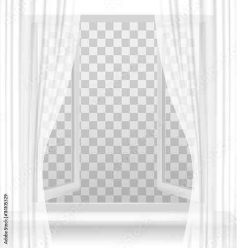 Open window with curtains on a transparent background. Vector.