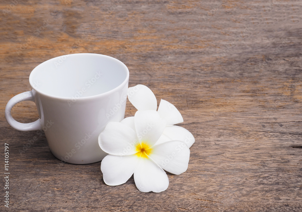 White plumeria flower and empty cup of coffee White plumeria flower and empty cup of coffee