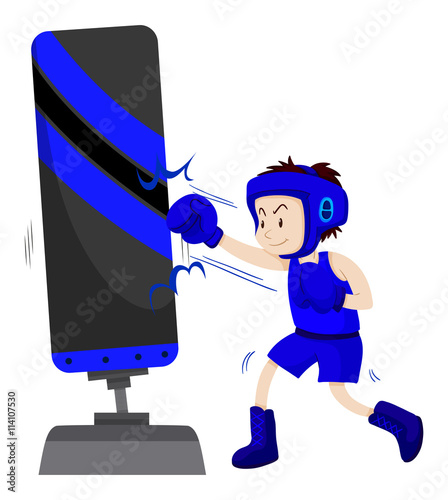 Boxer in blue outfit punching on punching stand