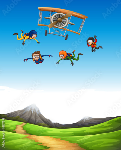 Four people doing sky diving