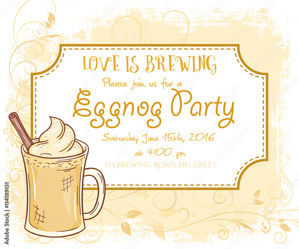 vector hand drawn eggnog party invitation card, vintage frame, glass ...