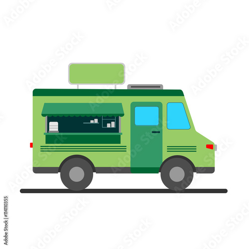 Street food truck vector illustration, food caravan. Green food van delivery. Blank ready for design