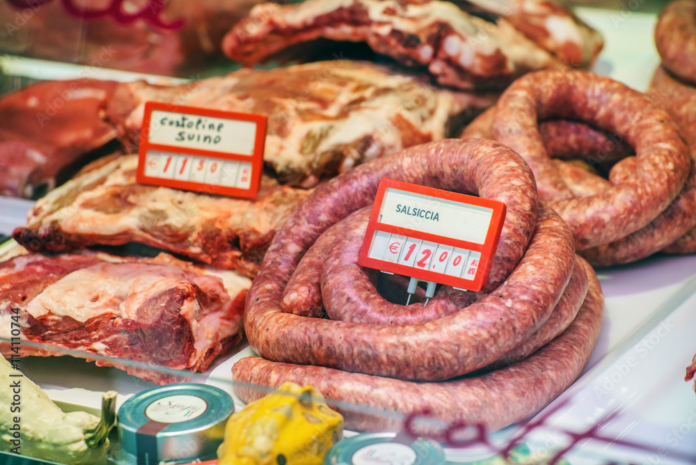 sausage at a farmers' market in Italy