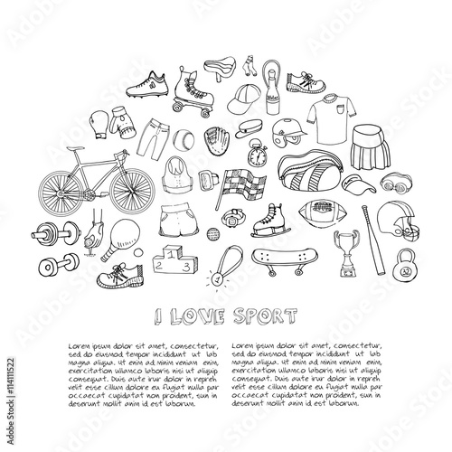 Hand drawn doodle Sport set Vector illustration sport related icons, tennis, golf, baseball, basketball, football, soccer, volleyball, rugby, hockey, fitness, boxing Sport concept collection Sketch