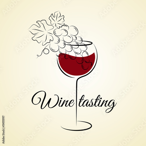 Wine glass with grape. Hand drawn concept for winery products, harvest, wine list, wine tasting menu and emblem design. Vector illustration on beige. Wine glass logo template.