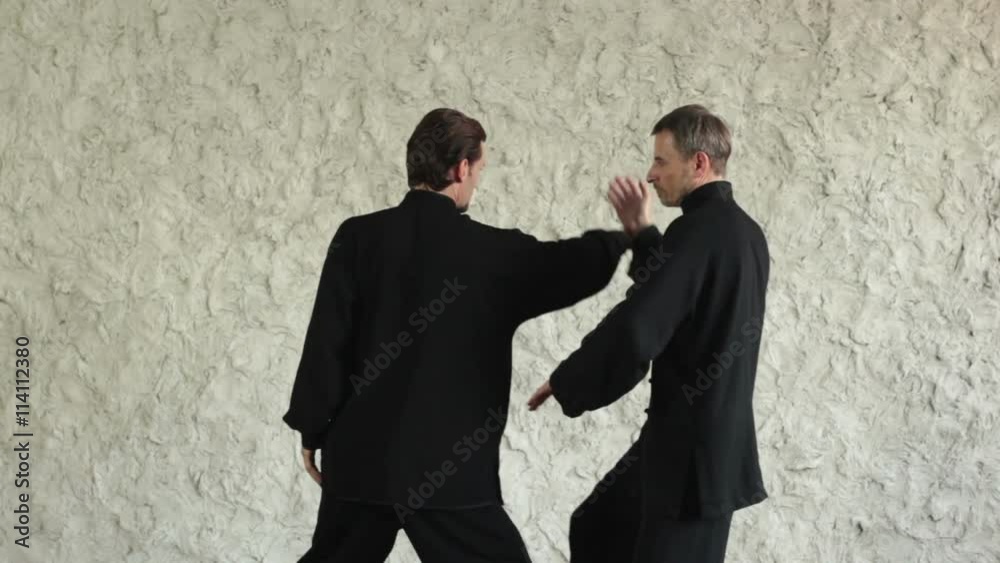 Training in the hall. Two men practicing the elements of tai chi Training in the hall. Two men practicing the elements of tai chi