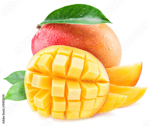 Mango fruits with water drops. Isolated on a white background.