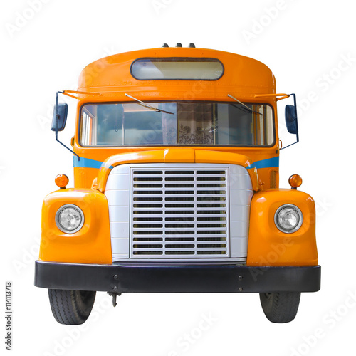 yellow school bus front side view isolated on white background