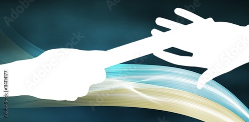 Composite image of  man passing the baton to partner on track
