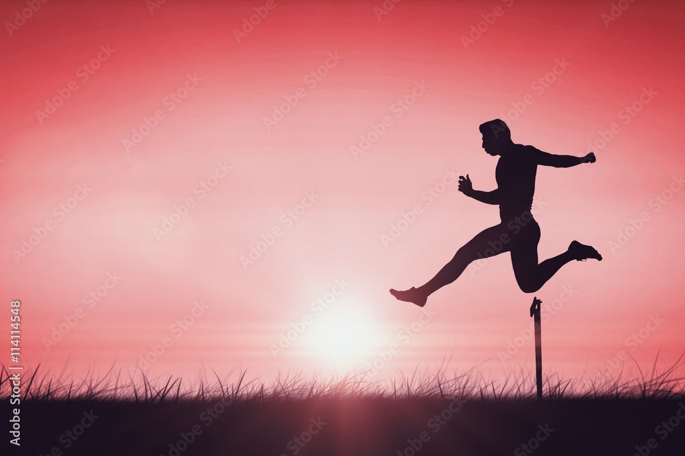 Composite image of athletic man practicing show jumping Composite image of athletic man practicing show jumping