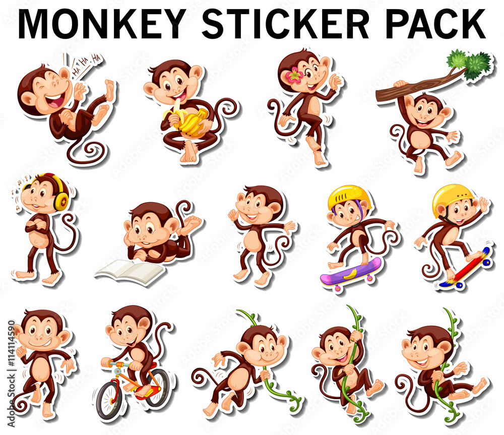 Set of monkey stickers in different posts Set of monkey stickers in different posts