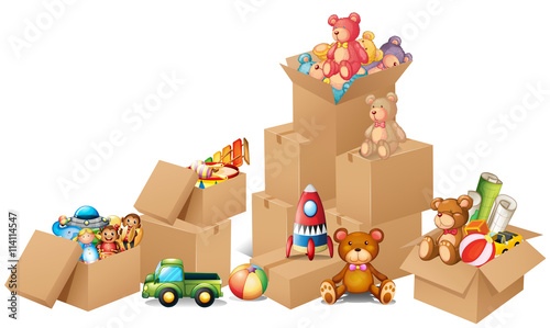 Boxes full of toys and bears