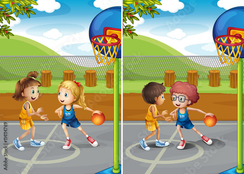 Boys and girls playing basketball