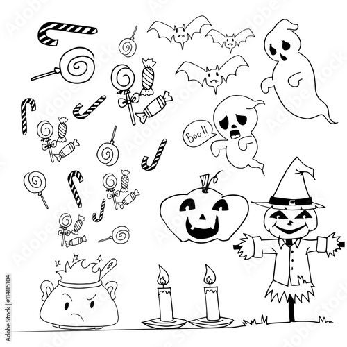 Halloween doodle set candy scarecrow pumpkins