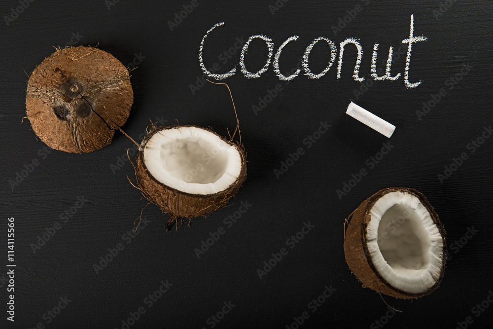 Coconut shells on black chalkboard