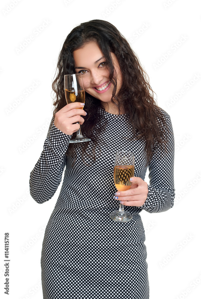 girl with champagne glass beauty portrait, black and white checkered dress, long curly hair, glamour concept, isolated on white background girl with champagne glass beauty portrait, black and white checkered dress, long curly hair, glamour concept, isolated on white background