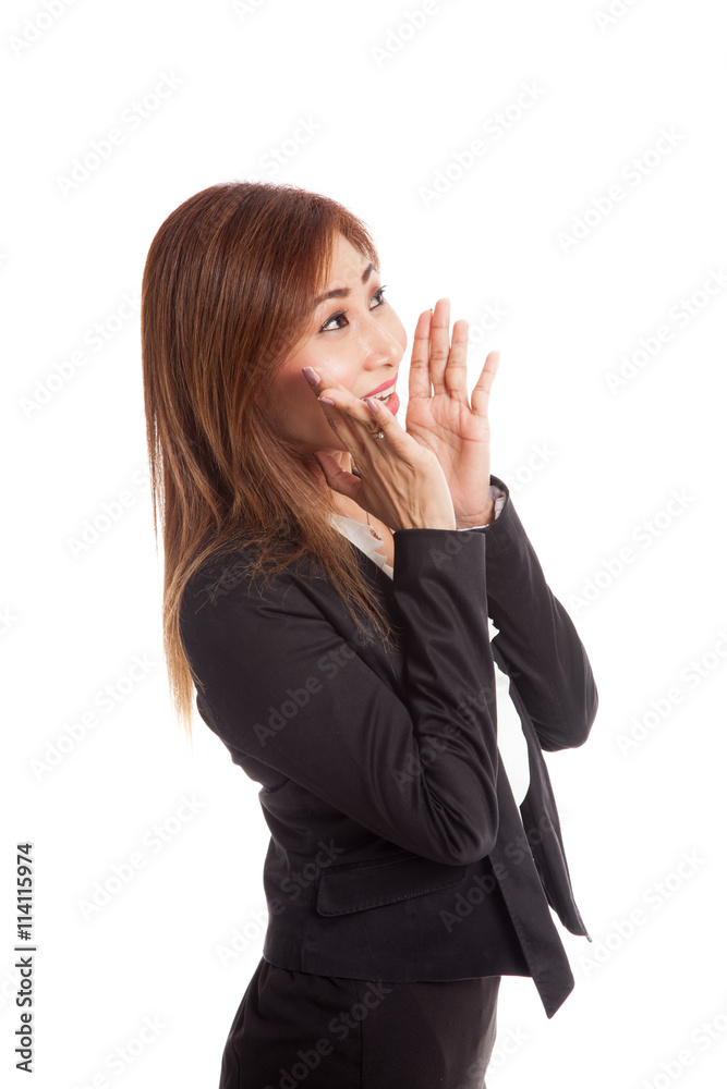 Beautiful young Asian woman shocked and look up Beautiful young Asian woman shocked and look up