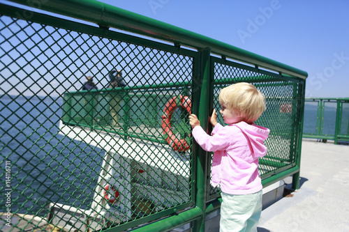 Little girl in a pink blouse holds on to the green fence