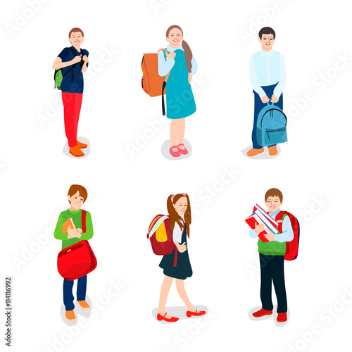 cute pupils in school uniform with backpacks and books