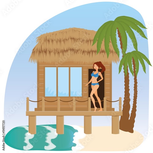 Sexy girl Sea Vacation. Girl standing in the Beach Bungalows on tropical island.