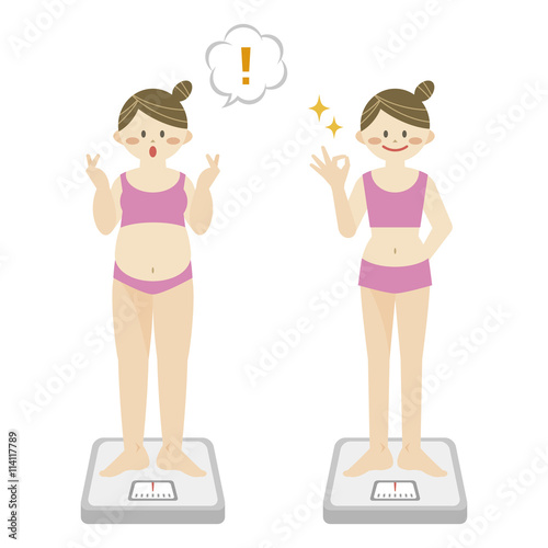 Fat & slim woman on weight scales