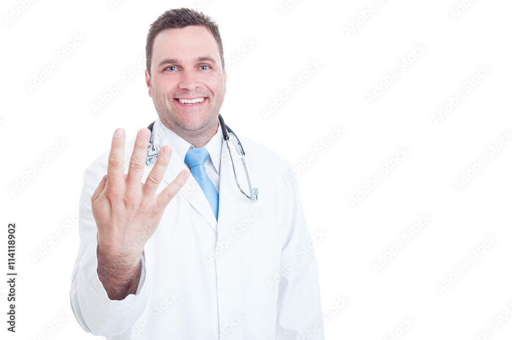 Young doctor smiling and showing number four with one hand Young doctor smiling and showing number four with one hand