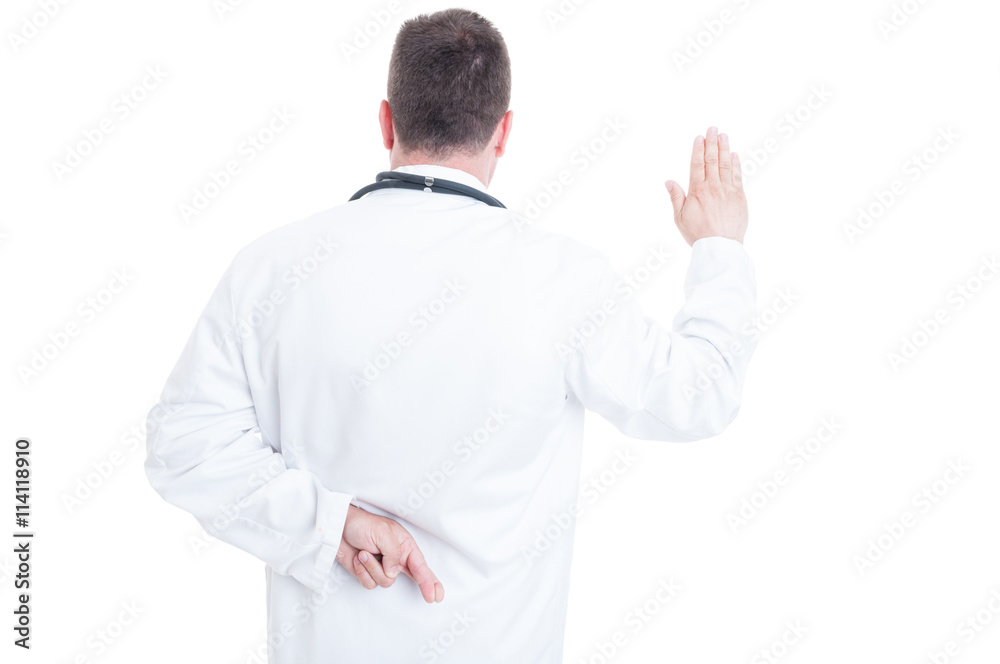 Back view of medic or doctor lying about Hippocratic oath Back view of medic or doctor lying about Hippocratic oath