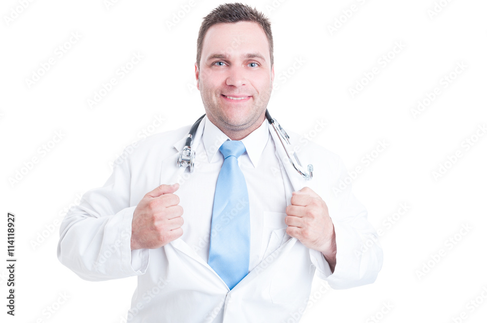 Male doctor showing chest like super hero shot concept Male doctor showing chest like super hero shot concept