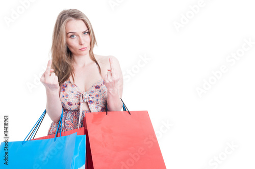 Rude young shopping female showing both middle fingers