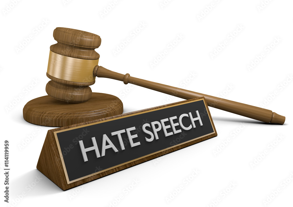 Court law justice symbols and a sign that says hate speech, 3D rendering